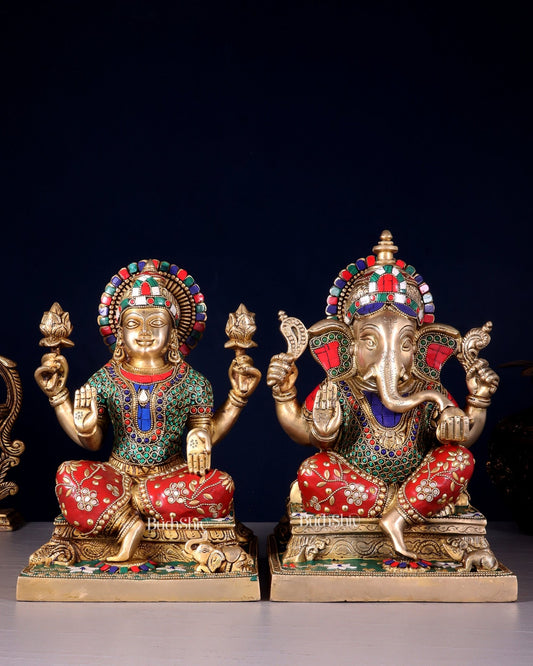 Pure Brass Ganesha Lakshmi idols 12 inch multicolour - Budhshiv.com