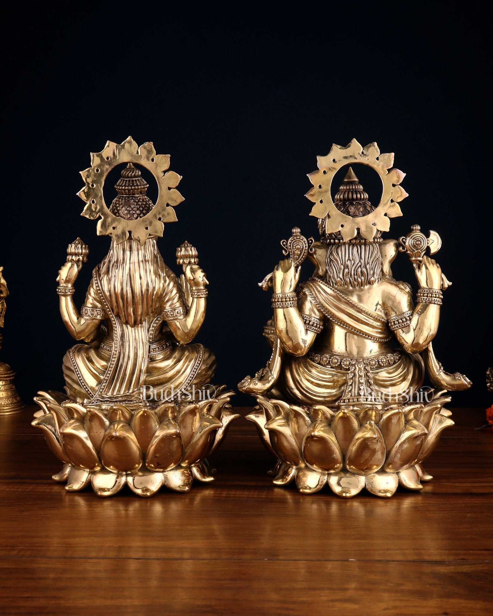 Pure Brass Ganesha & Lakshmi on Lotus – Padmasan Mudra Idol Pair 6 inch - Budhshiv.com