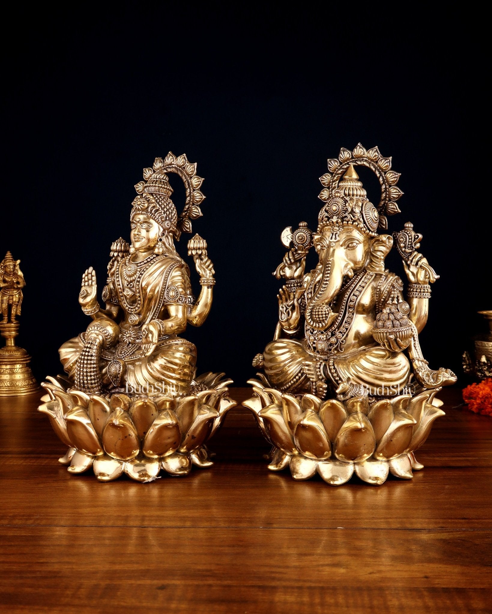 Pure Brass Ganesha & Lakshmi on Lotus – Padmasan Mudra Idol Pair 6 inch - Budhshiv.com
