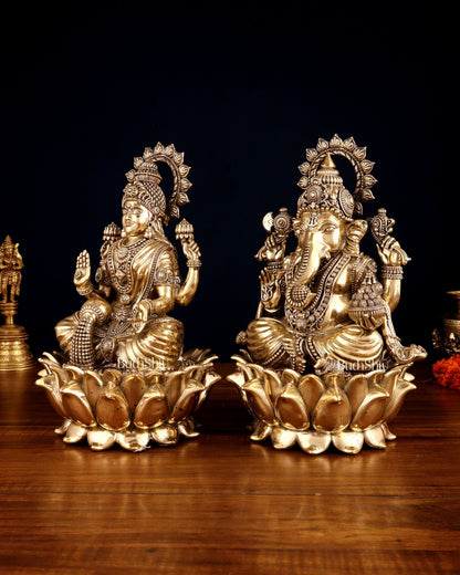 Pure Brass Ganesha & Lakshmi on Lotus – Padmasan Mudra Idol Pair 6 inch - Budhshiv.com
