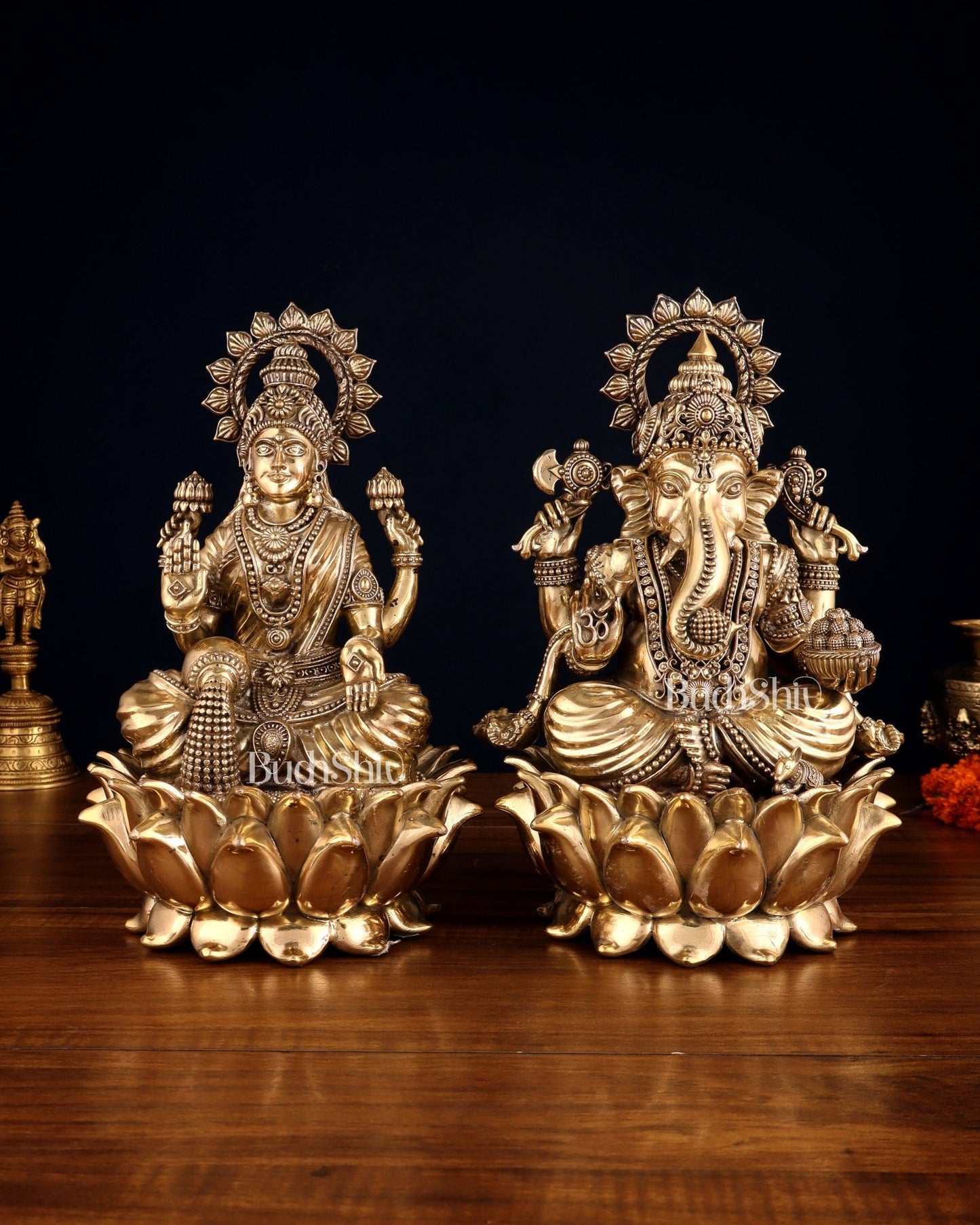 Pure Brass Ganesha & Lakshmi on Lotus – Padmasan Mudra Idol Pair 6 inch - Budhshiv.com