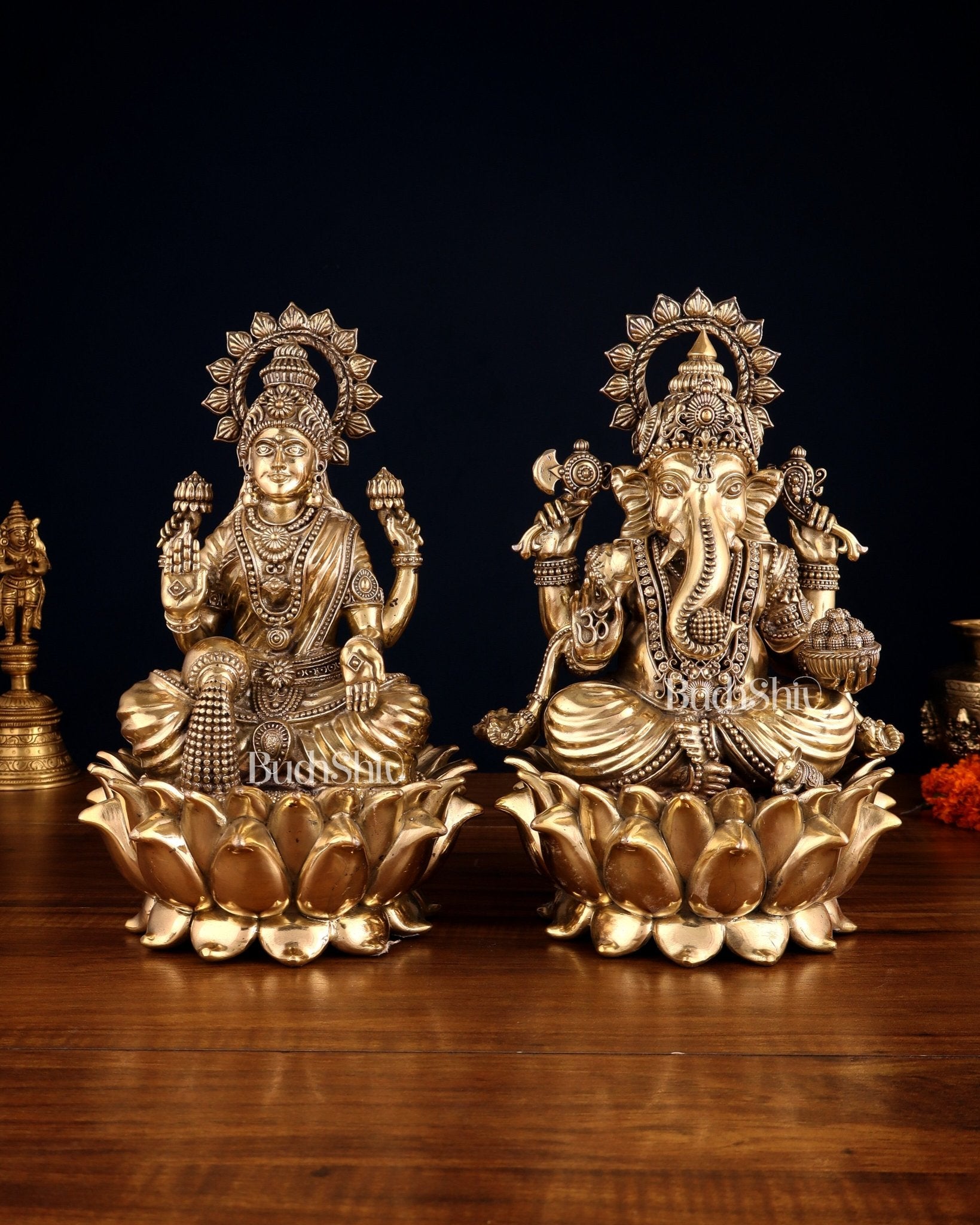 Pure Brass Ganesha & Lakshmi on Lotus – Padmasan Mudra Idol Pair 6 inch - Budhshiv.com
