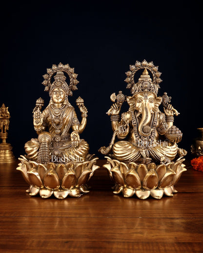 Pure Brass Ganesha & Lakshmi on Lotus – Padmasan Mudra Idol Pair 6 inch - Budhshiv.com
