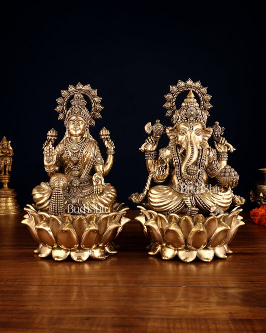 Pure Brass Ganesha & Lakshmi on Lotus – Padmasan Mudra Idol Pair 6 inch - Budhshiv.com