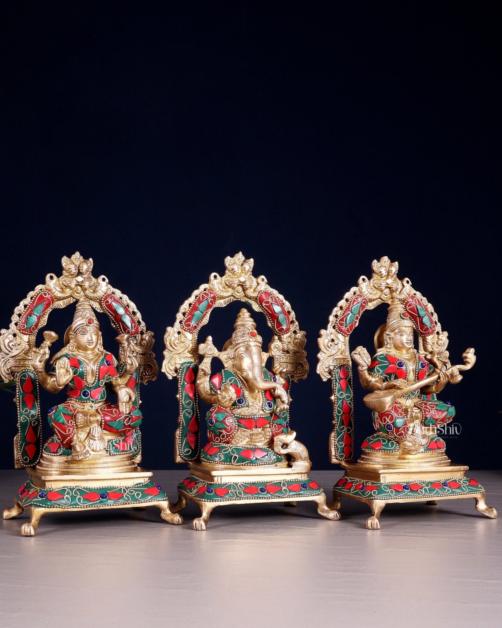 Pure Brass Ganesha, Lakshmi, Saraswati Idol Set | floral Stonework 8" - Budhshiv.com
