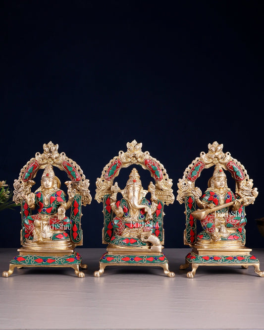 Pure Brass Ganesha, Lakshmi, Saraswati Idol Set | floral Stonework 8" - Budhshiv.com