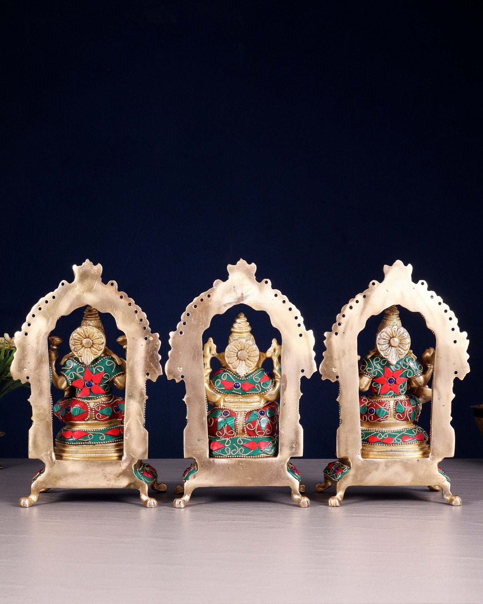 Pure Brass Ganesha, Lakshmi, Saraswati Idol Set | floral Stonework 8" - Budhshiv.com
