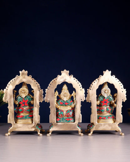 Pure Brass Ganesha, Lakshmi, Saraswati Idol Set | floral Stonework 8" - Budhshiv.com