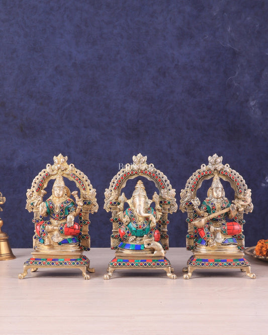 Pure Brass Ganesha, Lakshmi, Saraswati Idol Set | Meenakari Stonework 8" - Budhshiv.com