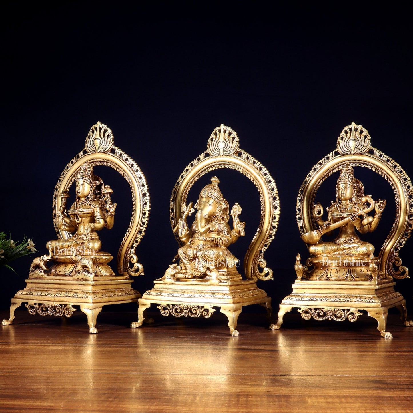 Pure Brass Ganesha, Lakshmi & Saraswati Idol Set with Prabhavali Frames 13" - Budhshiv.com