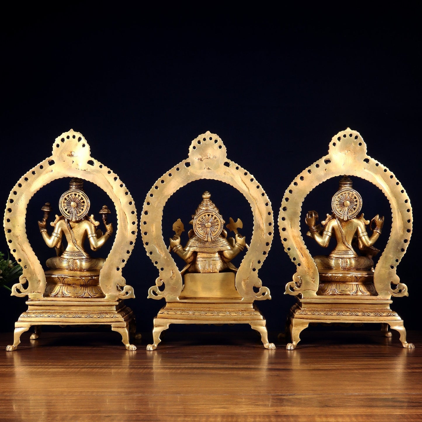 Pure Brass Ganesha, Lakshmi & Saraswati Idol Set with Prabhavali Frames 13" - Budhshiv.com