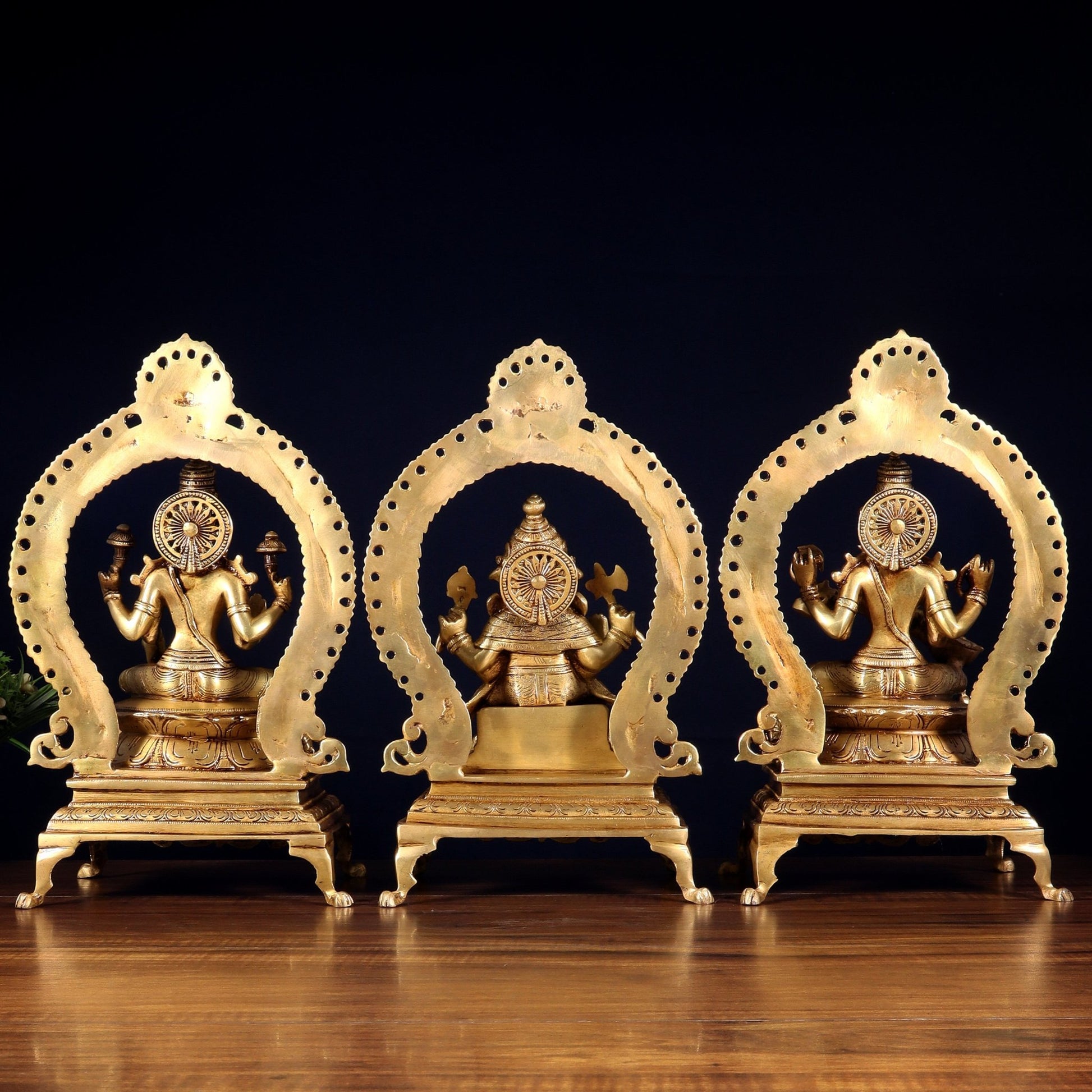 Pure Brass Ganesha, Lakshmi & Saraswati Idol Set with Prabhavali Frames 13" - Budhshiv.com