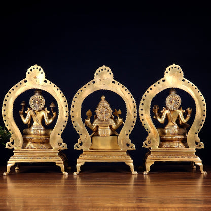 Pure Brass Ganesha, Lakshmi & Saraswati Idol Set with Prabhavali Frames 13" - Budhshiv.com