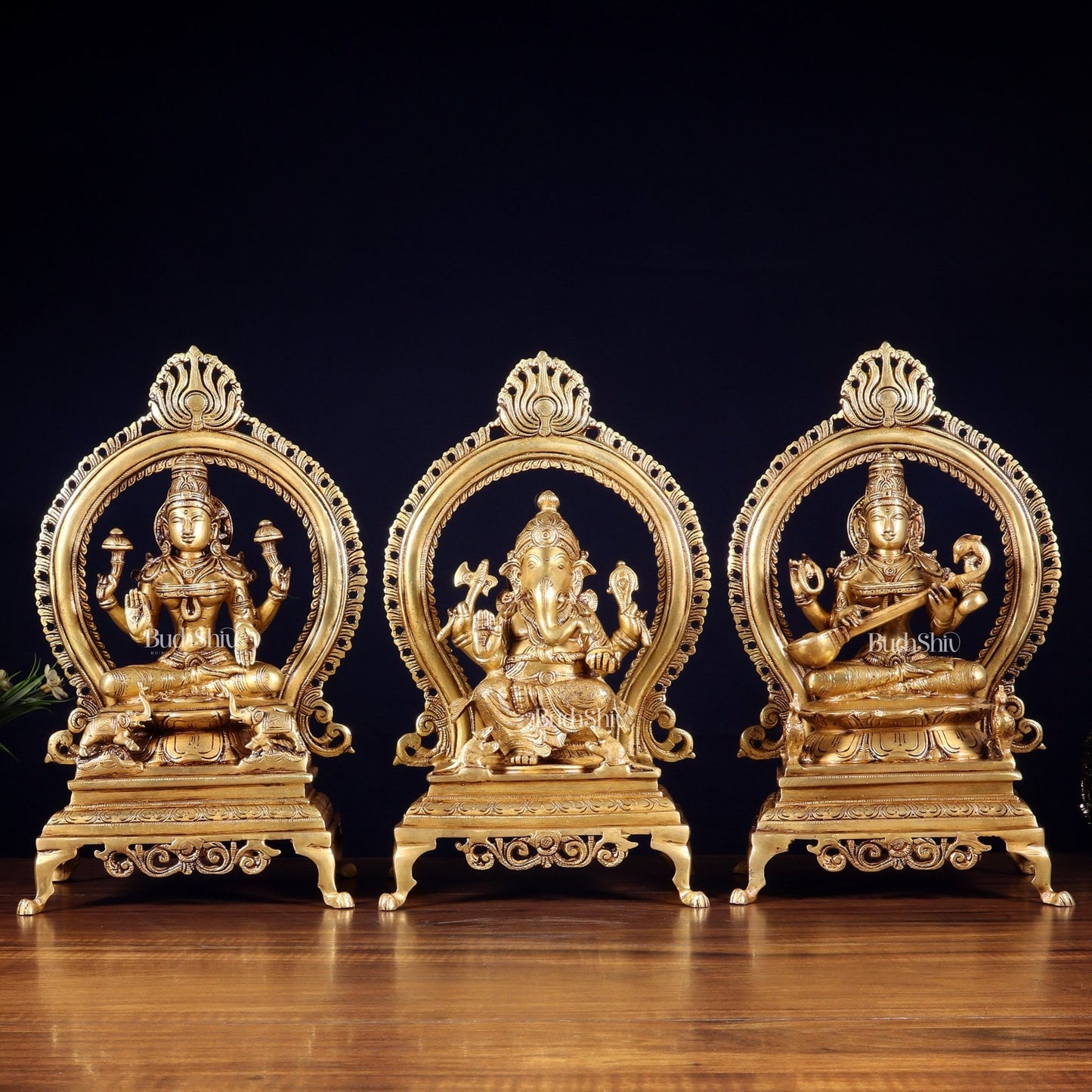 Pure Brass Ganesha, Lakshmi & Saraswati Idol Set with Prabhavali Frames 13" - Budhshiv.com