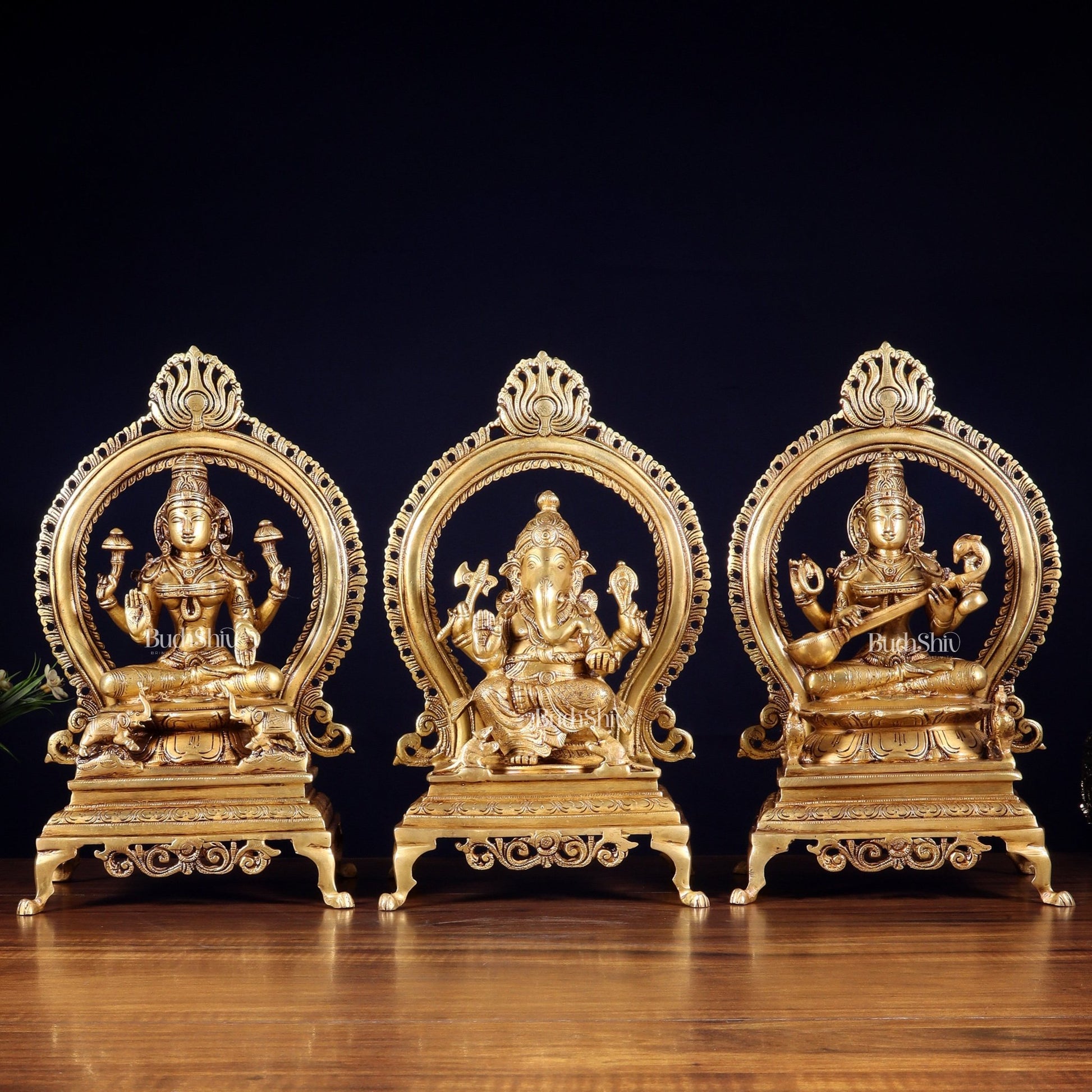 Pure Brass Ganesha, Lakshmi & Saraswati Idol Set with Prabhavali Frames 13" - Budhshiv.com