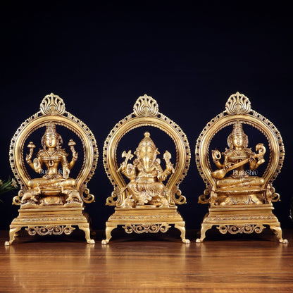 Pure Brass Ganesha, Lakshmi & Saraswati Idol Set with Prabhavali Frames 13" - Budhshiv.com