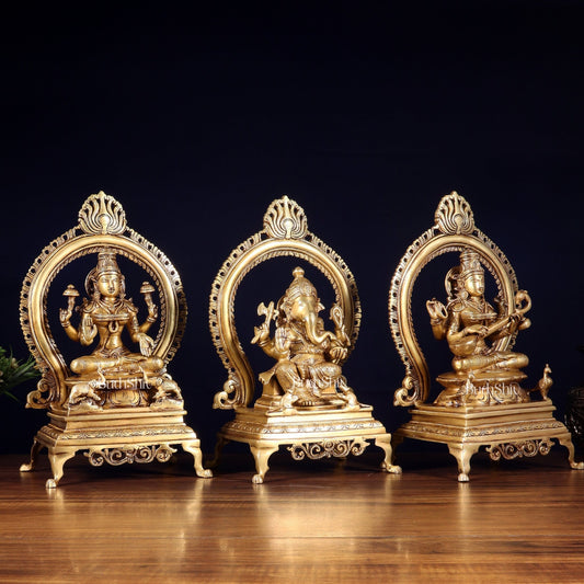 Pure Brass Ganesha, Lakshmi & Saraswati Idol Set with Prabhavali Frames 13" - Budhshiv.com