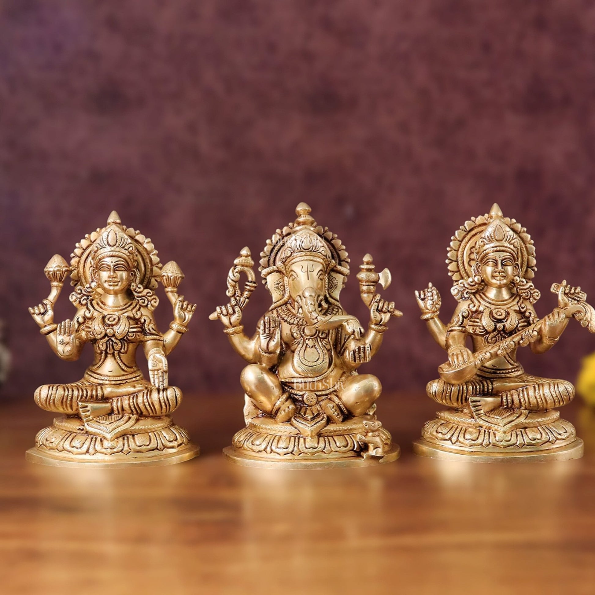 Pure Brass Ganesha, Lakshmi, Saraswati Idols Set of Three - 7.5" - Budhshiv.com