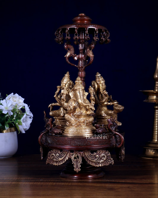 Pure Brass Ganesha Lakshmi Saraswati Revolving Statue – Dual Tone Copper - Gold Finish 14 inch - Budhshiv.com
