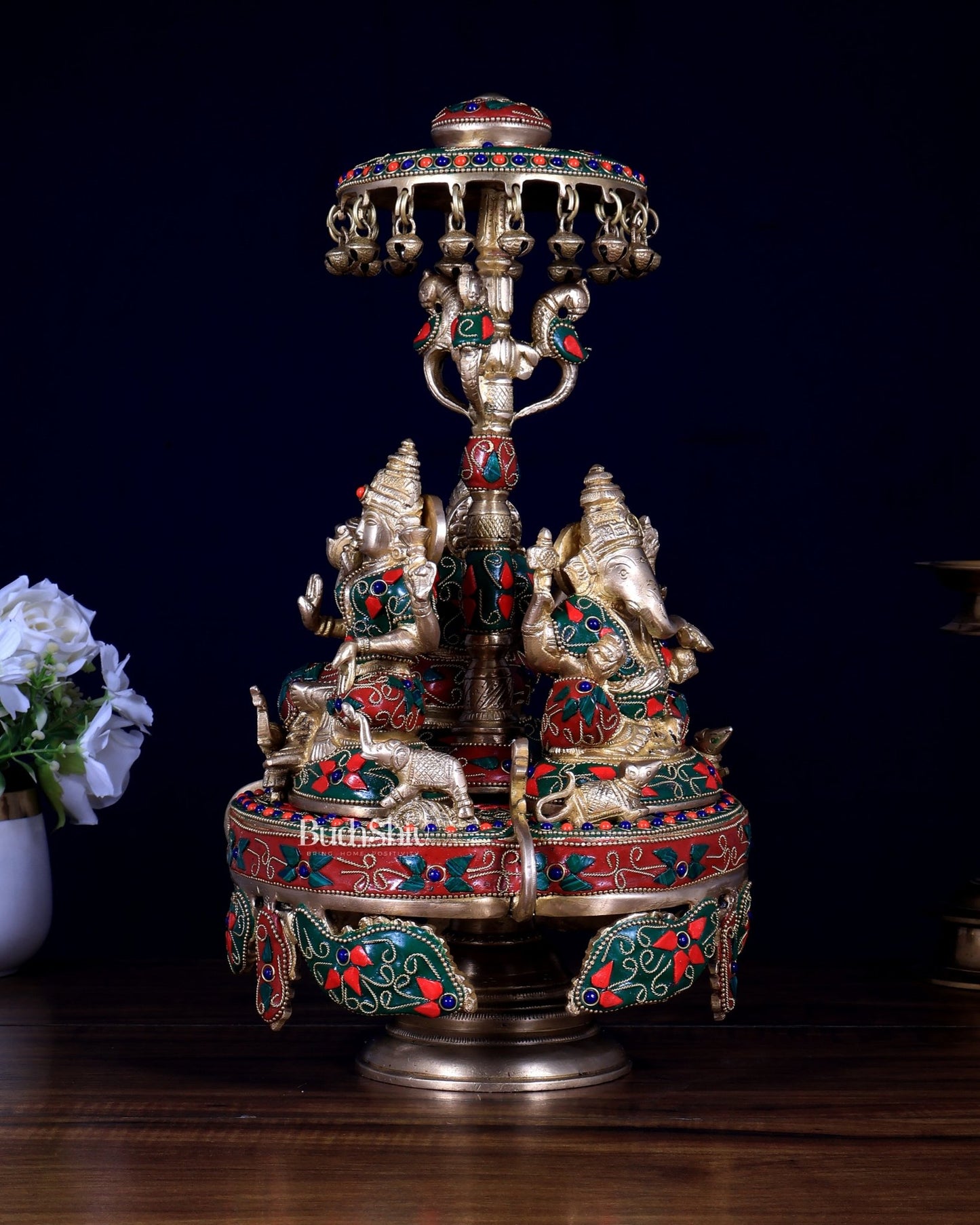 Pure Brass Ganesha Lakshmi Saraswati Revolving Statue – Floral Meenakari & Stonework - Budhshiv.com