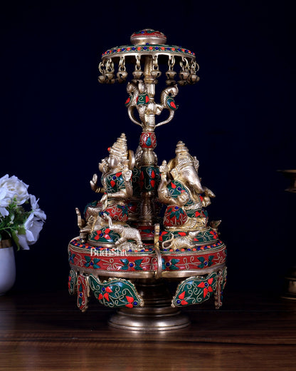 Pure Brass Ganesha Lakshmi Saraswati Revolving Statue – Floral Meenakari & Stonework - Budhshiv.com