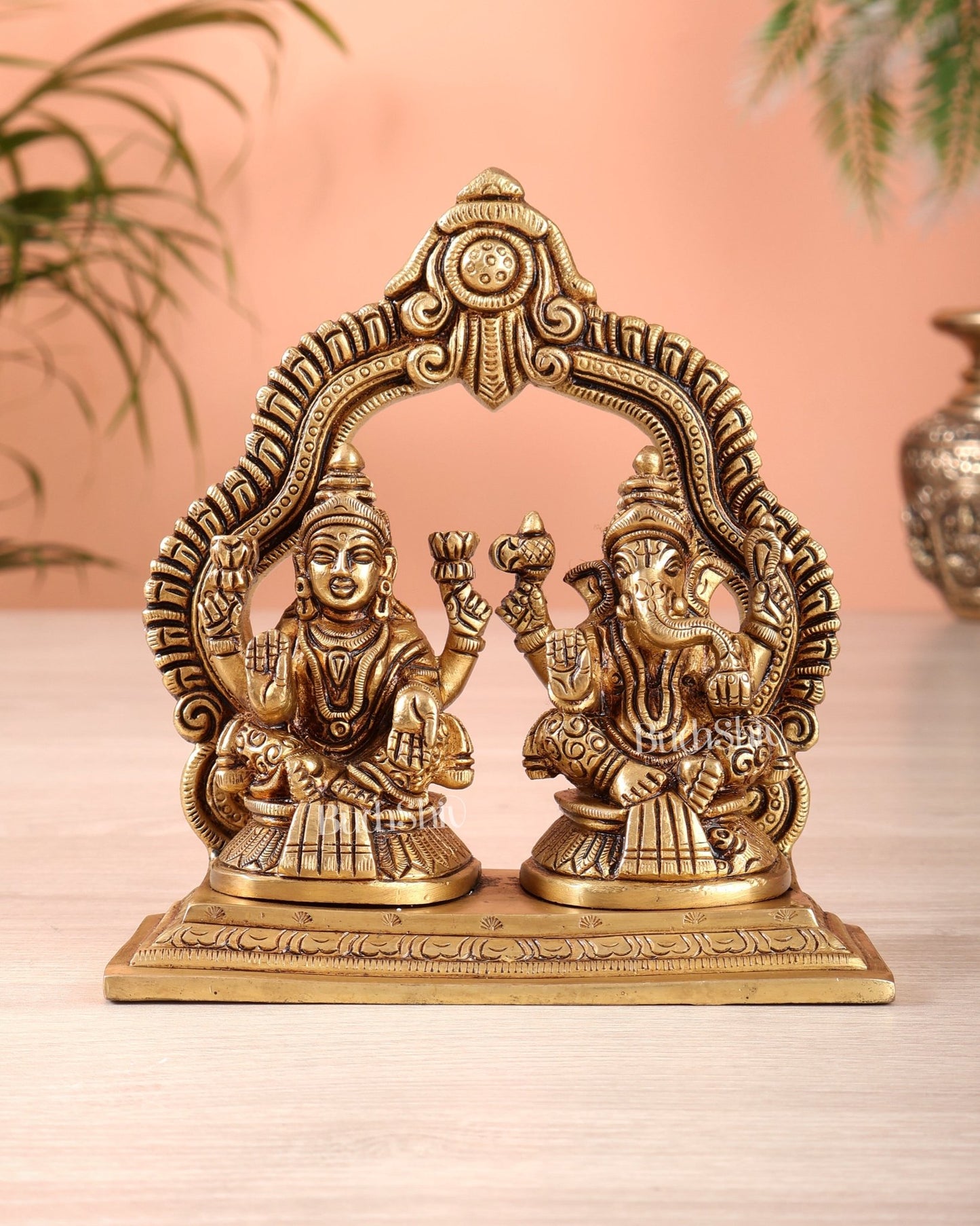 Pure Brass Ganesha Lakshmi Seated Together Idol - 5.5" - Budhshiv.com