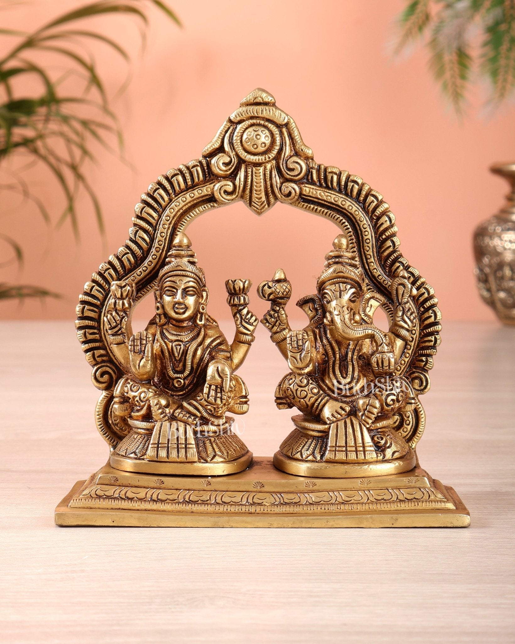 Pure Brass Ganesha Lakshmi Seated Together Idol - 5.5" - Budhshiv.com