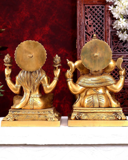 Pure Brass Ganesha Lakshmi Statue Set 12 Inch fine carvings - Budhshiv.com