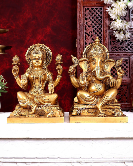 Pure Brass Ganesha Lakshmi Statue Set 12 Inch fine carvings - Budhshiv.com