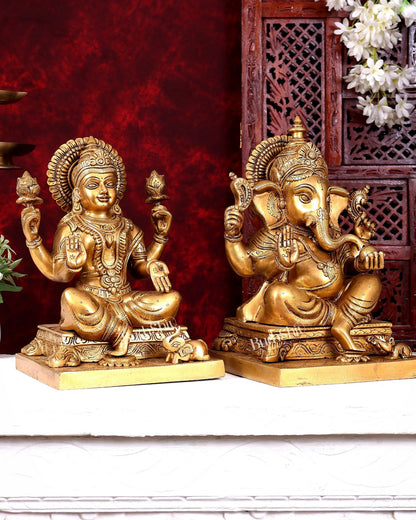 Pure Brass Ganesha Lakshmi Statue Set 12 Inch fine carvings - Budhshiv.com