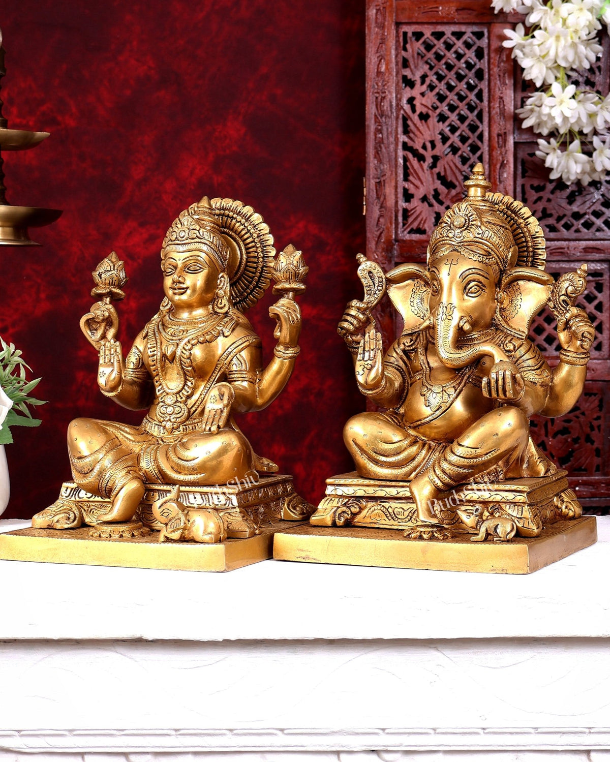 Pure Brass Ganesha Lakshmi Statue Set 12 Inch fine carvings - Budhshiv.com