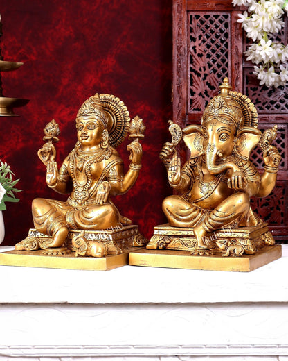 Pure Brass Ganesha Lakshmi Statue Set 12 Inch fine carvings - Budhshiv.com