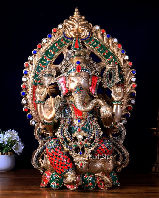 Pure Brass Ganesha large Idol 26 inch Stonework - Budhshiv.com