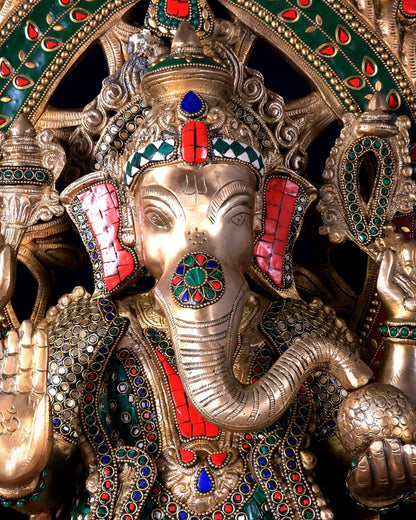 Pure Brass Ganesha large Idol 26 inch Stonework - Budhshiv.com