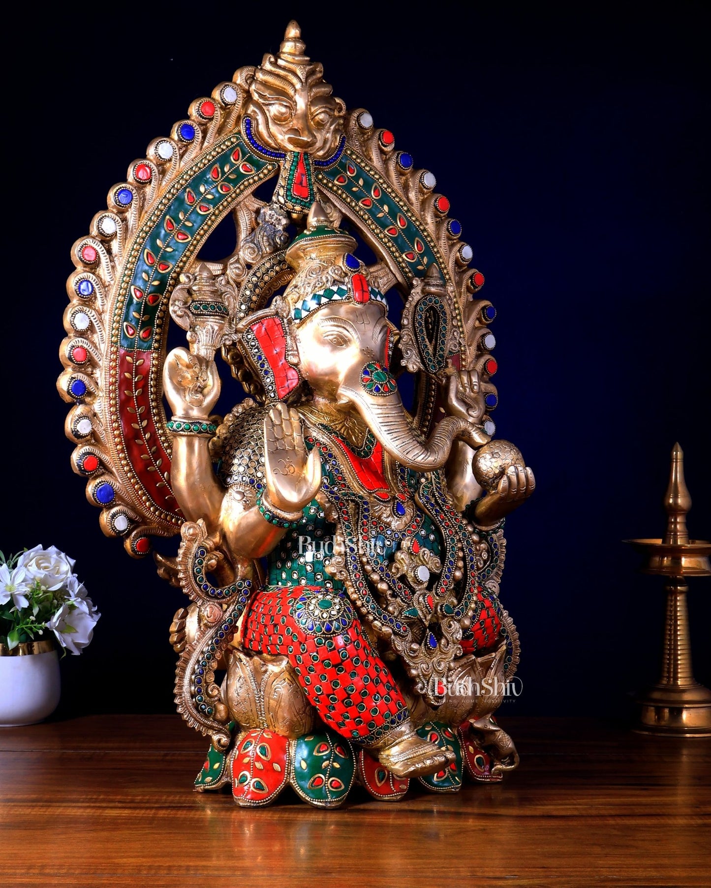 Pure Brass Ganesha large Idol 26 inch Stonework - Budhshiv.com