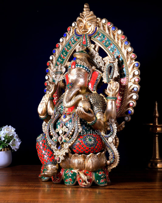 Pure Brass Ganesha large Idol 26 inch Stonework - Budhshiv.com