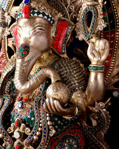 Pure Brass Ganesha large Idol 26 inch Stonework - Budhshiv.com