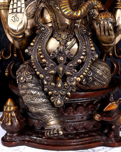 Pure Brass Ganesha large Idol 26 inch with Kirtimukha Prabhavali aureole three tone finish - Budhshiv.com