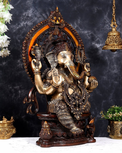 Pure Brass Ganesha large Idol 26 inch with Kirtimukha Prabhavali aureole three tone finish - Budhshiv.com