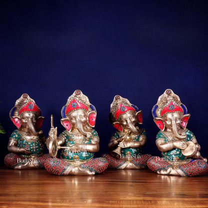 Pure Brass Ganesha Musical Set of Four 12.5 inch - Budhshiv.com