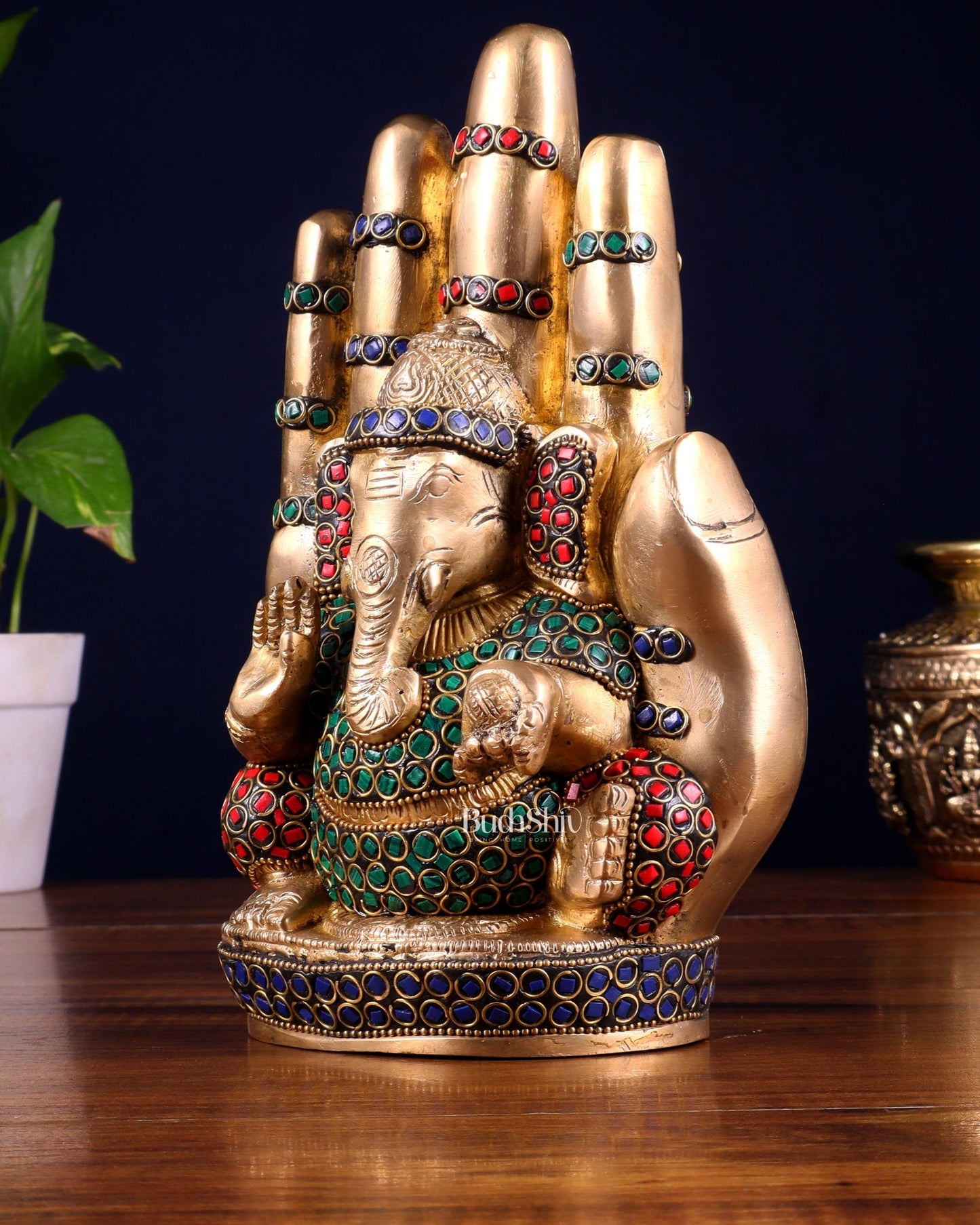 Pure Brass Ganesha on Blessing Hand Showpiece – 9 inch (23 cm) - Budhshiv.com