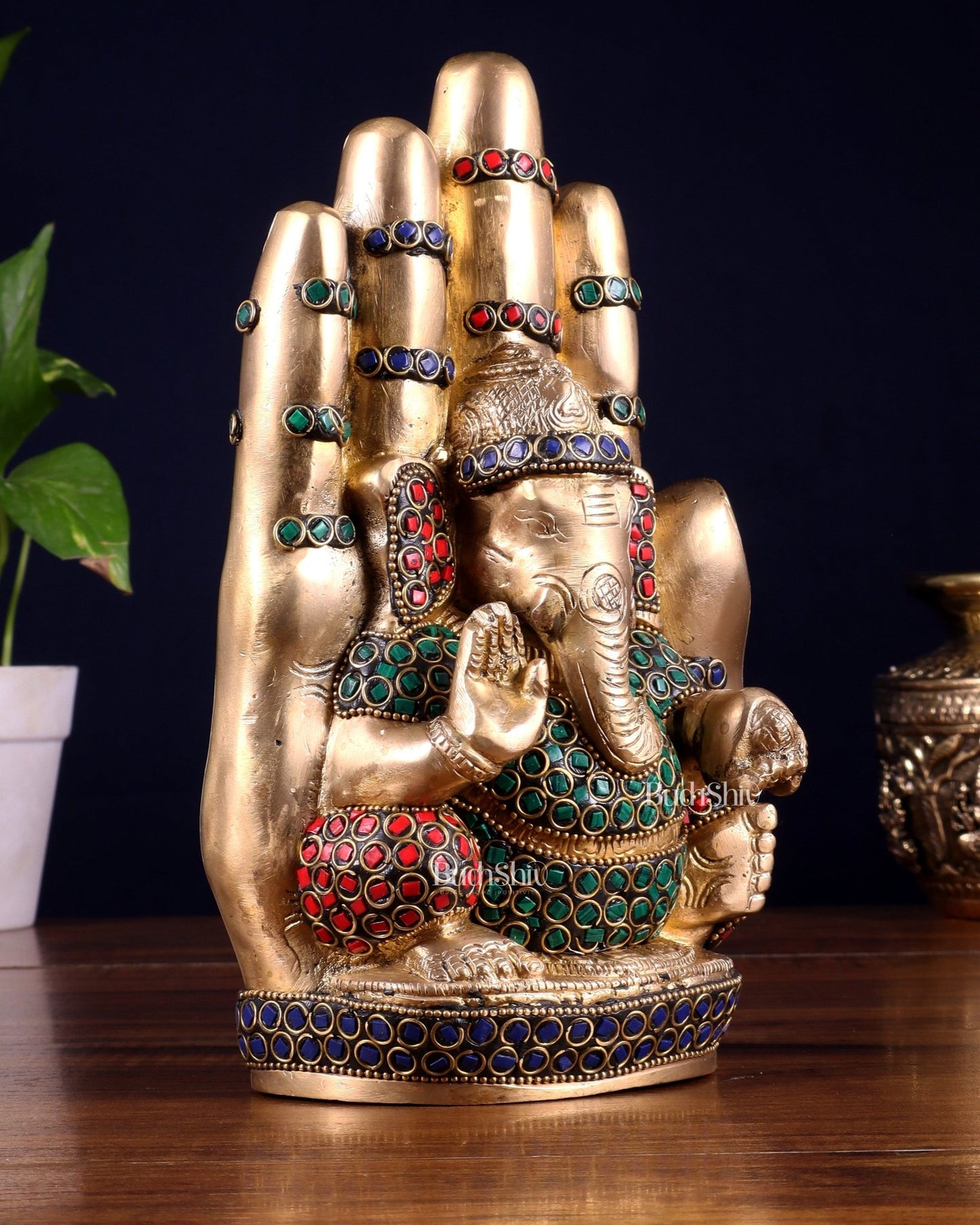 Pure Brass Ganesha on Blessing Hand Showpiece – 9 inch (23 cm) - Budhshiv.com