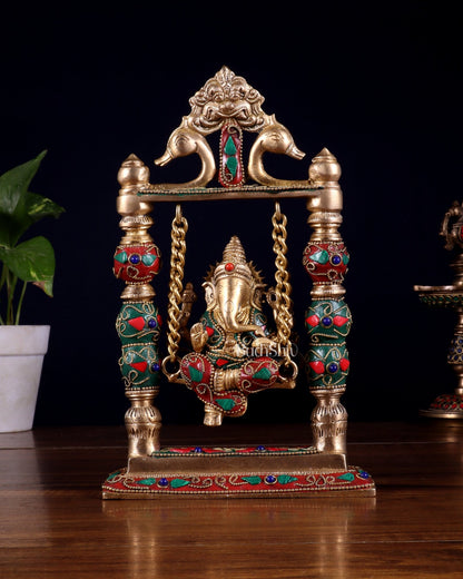 Pure Brass Ganesha on Swing with Floral Stonework – 8 Inch - Budhshiv.com