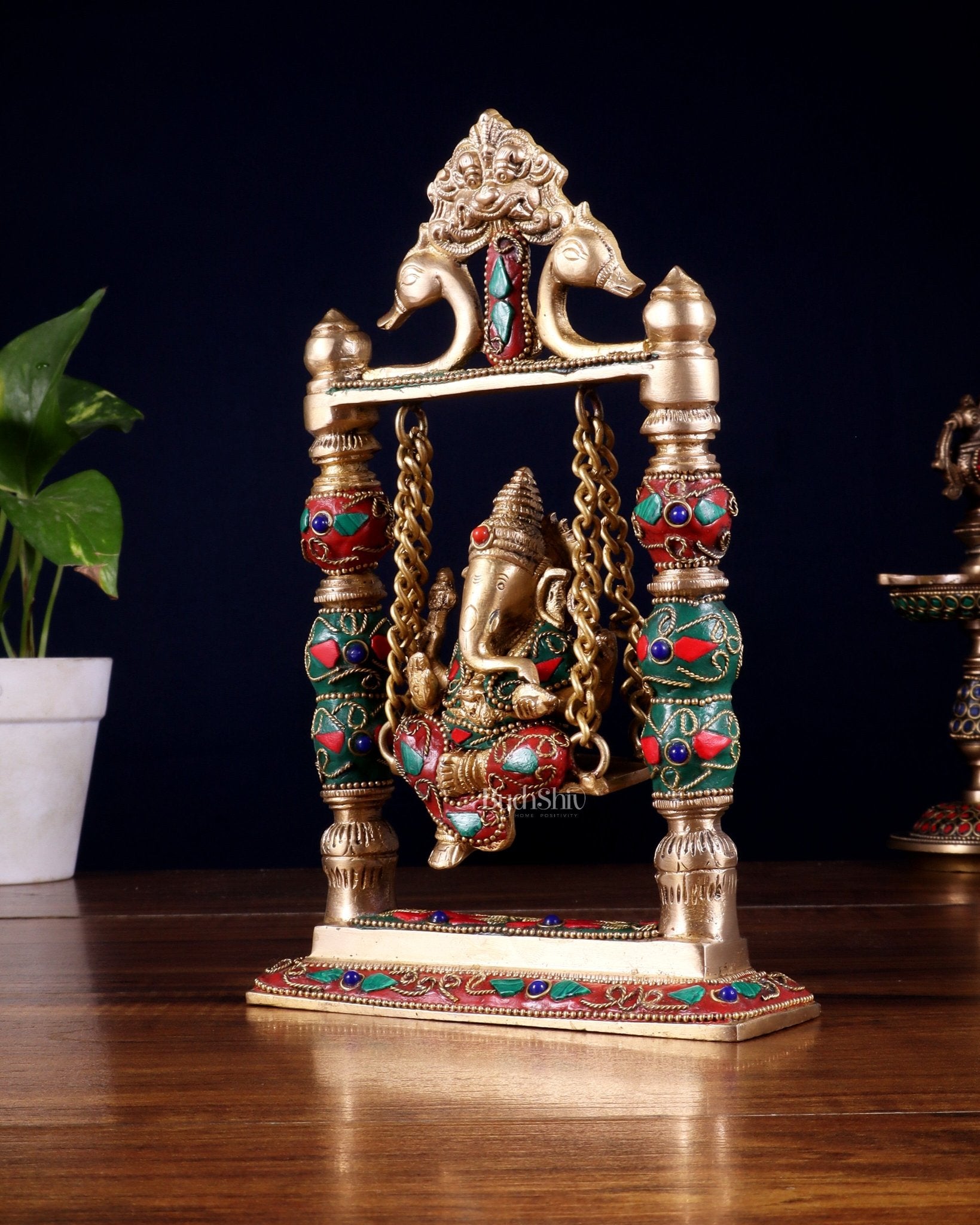 Pure Brass Ganesha on Swing with Floral Stonework – 8 Inch - Budhshiv.com
