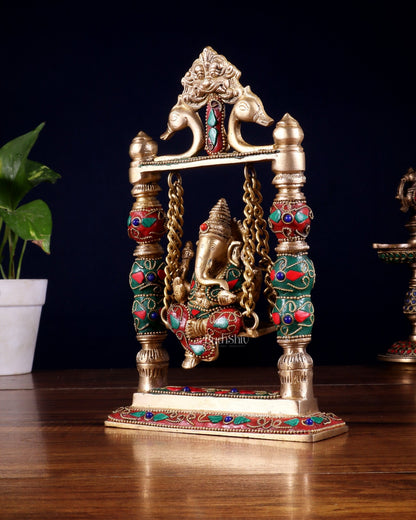 Pure Brass Ganesha on Swing with Floral Stonework – 8 Inch - Budhshiv.com