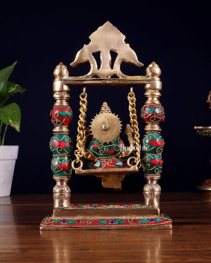 Pure Brass Ganesha on Swing with Floral Stonework – 8 Inch - Budhshiv.com