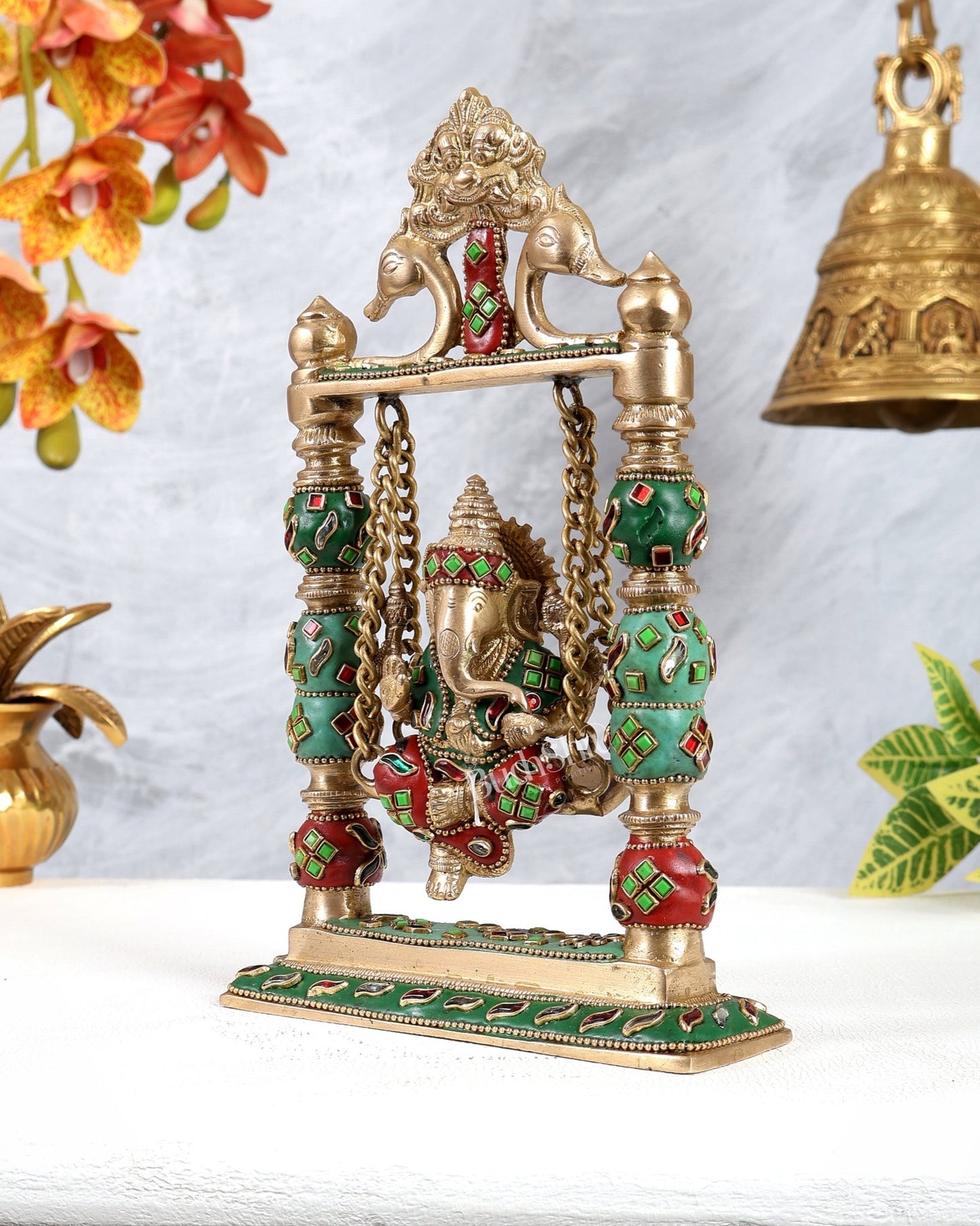 Pure Brass Ganesha on Swing with meenakari – 8 Inch - Budhshiv.com