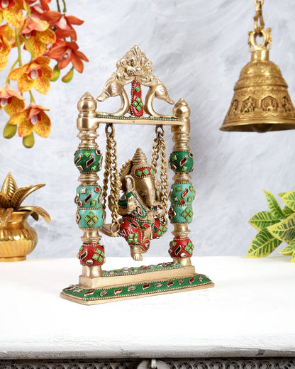 Pure Brass Ganesha on Swing with meenakari – 8 Inch - Budhshiv.com
