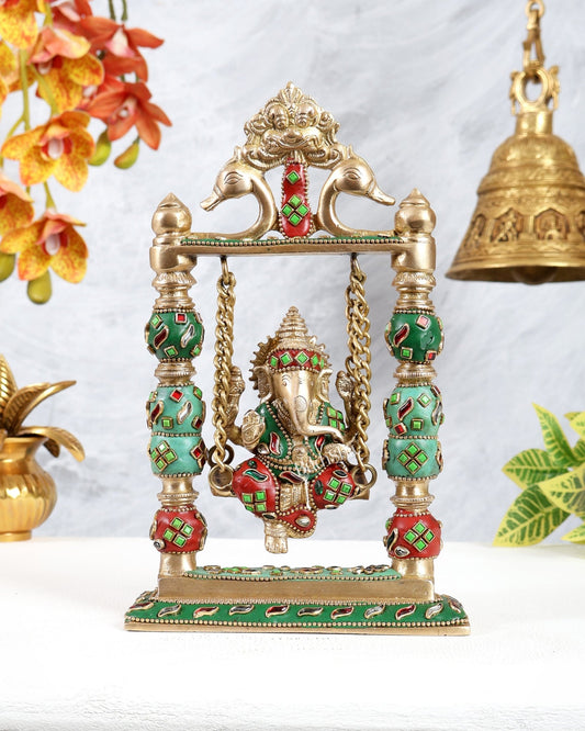 Pure Brass Ganesha on Swing with meenakari – 8 Inch - Budhshiv.com