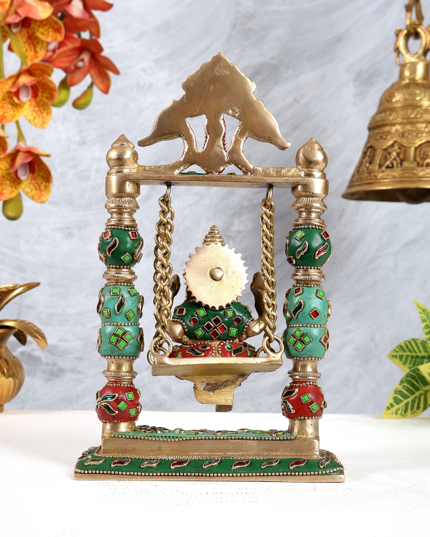 Pure Brass Ganesha on Swing with meenakari – 8 Inch - Budhshiv.com